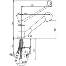 Mitgeur d'évier à bec orientable, hauteur sous bec 132 mm, saillie 209 mm. Commande au coude. Cartouche céramique diamètre 40 mm. Flexibles SPEX M10X1, EP G 3/8'', longueur 350 mm. Brise-jet étoile M24X1