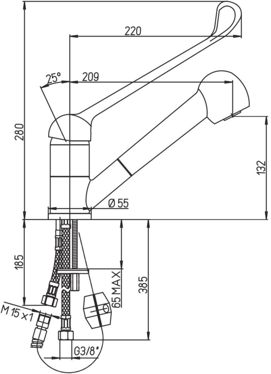 Mitgeur d'évier à bec orientable, hauteur sous bec 132 mm, saillie 209 mm. Commande au coude. Cartouche céramique diamètre 40 mm. Flexibles SPEX M10X1, EP G 3/8'', longueur 350 mm. Brise-jet étoile M24X1