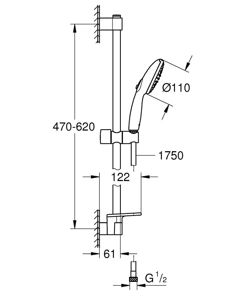 Ensemble de douche 2 jets 8l avec barre 600 mm et tablette Tempesta 110 Chromé Réf. 26638003