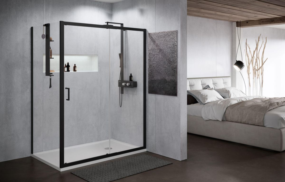 Porte de douche coulissante avec un fixe en alignement Zephyros 2.0 2P 156 Ext. 156-162Cm verre trempé transparent profilés blanc Mat Réf : ZEP22P156-1U