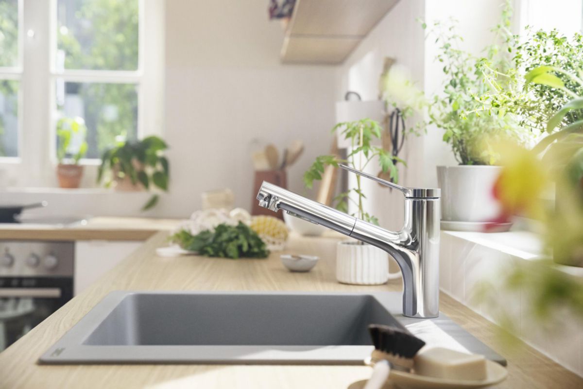 hansgrohe Zesis M33 Mitigeur de cuisine 150 EcoSmart avec douchette extractible 2jets, Chrome