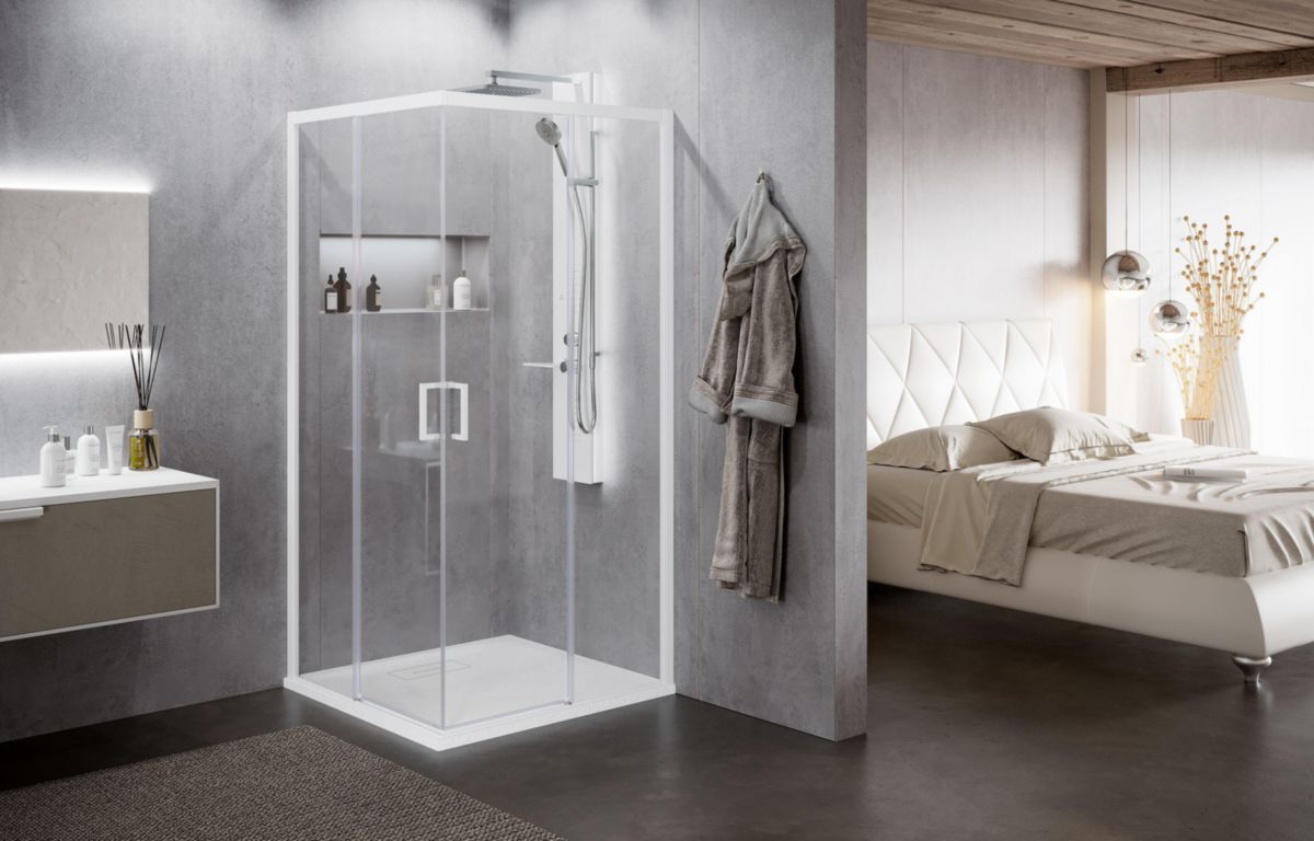 Paroi de douche accès d'angle 2 portes coulissantes + 2 fixes en alignement sans profilé bas (1 Côté) Zephyros 2.0 Ah version droite 97 extensibilité 97-100Cm verre trempé transparent profilés silver Réf : ZEP2AH97LD-1B