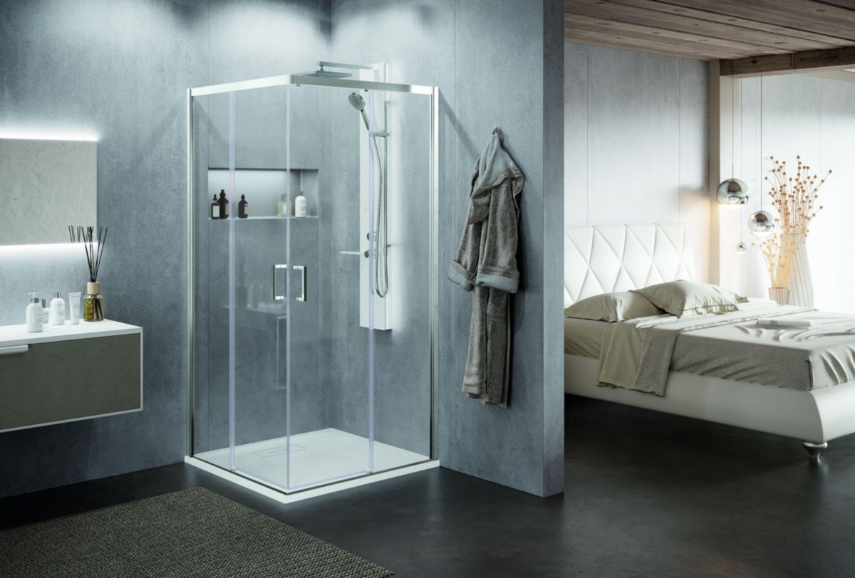 Paroi de douche accès d'angle 2 portes coulissantes + 2 fixes en alignement sans profilé bas (1 Côté) Zephyros 2.0 Ah version droite 97 extensibilité 97-100Cm verre trempé transparent profilés silver Réf : ZEP2AH97LD-1B