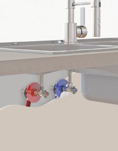 Module double raccordement sous évier/lavabo Fixoplac, raccords coudés à sertir mâle 12/17, pour installation tube PER D12 mm  réf.303510105