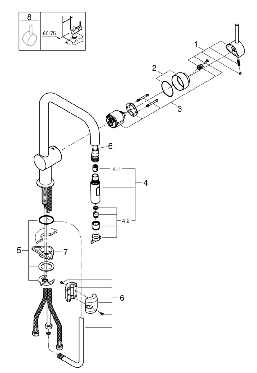 Mitigeur évier MINTA II monocommande 15 x 21, monotrou, bec haut orientable, mousseur extractible 2 jets (normal et pluie) Réf. 32322002