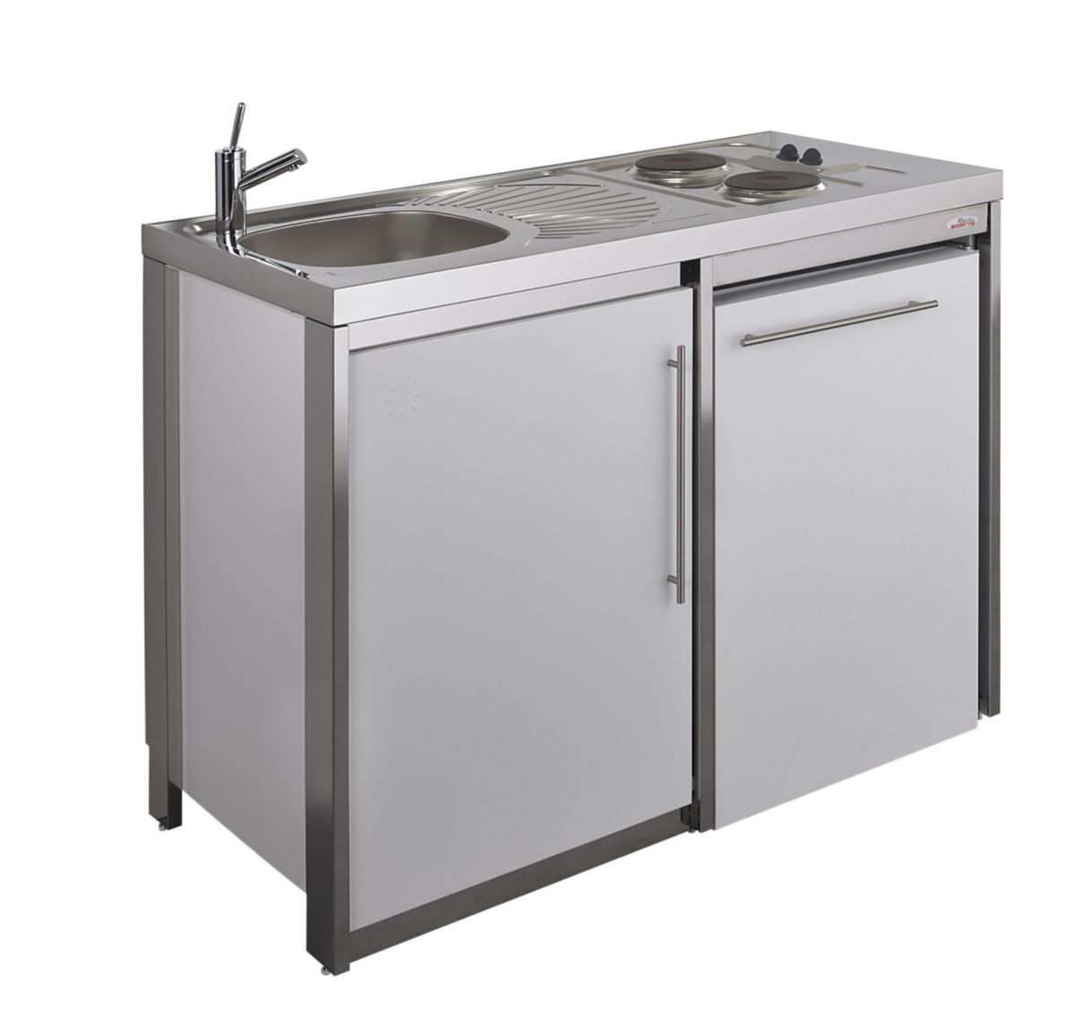 Cuisinette complète METALLINE  120 cm avec évier inox 18/10 lisse, coloris Glacier