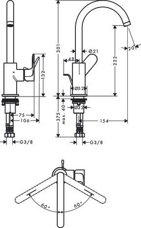 Mitigeur de lavabo 210  Rebris S avec bec orientable, tirette et vidage Noir mat Réf. 72536670