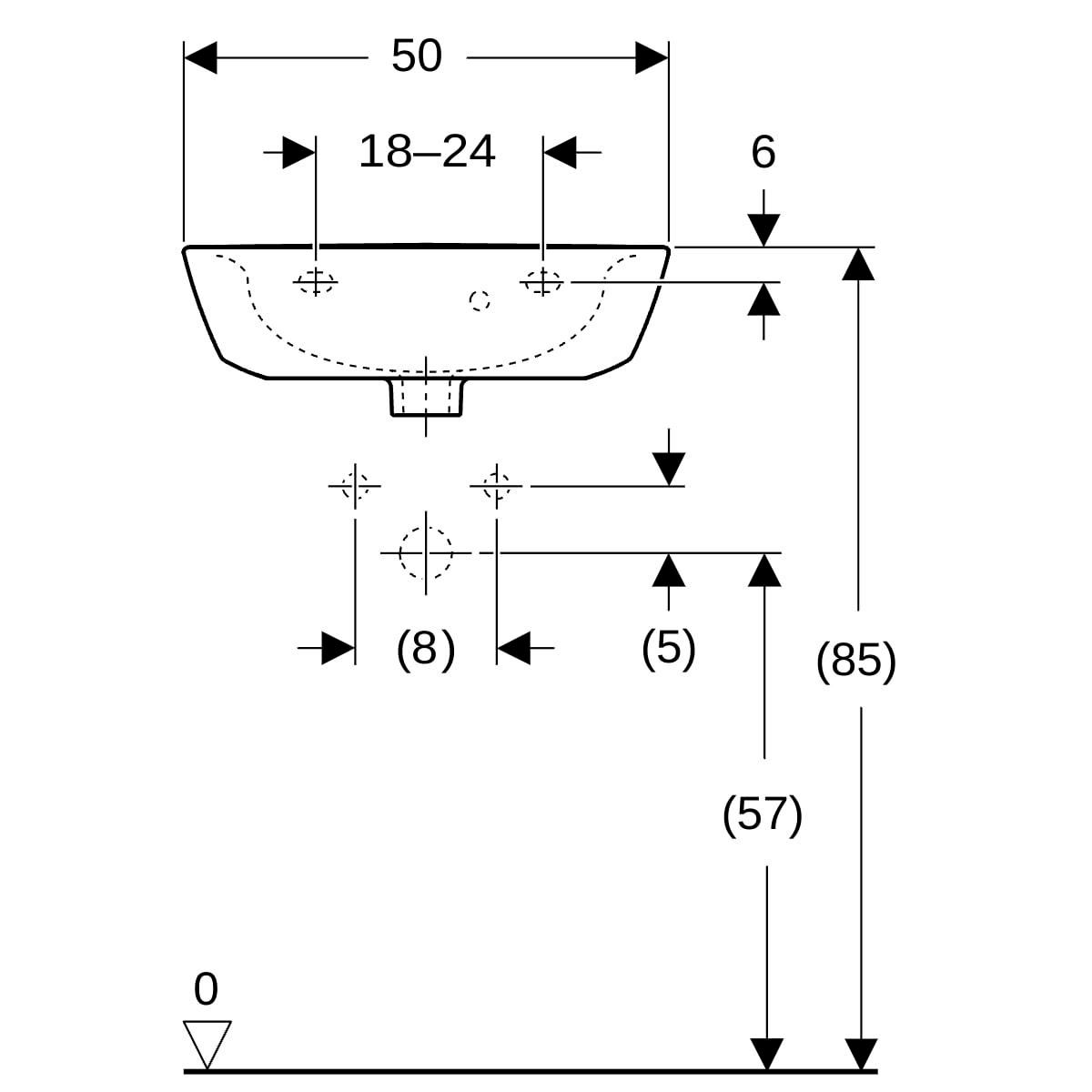 lave-mains geberit renova: b=50cm, t=40cm, trou de robinetterie=au centre, trop-plein=visible, blanc Réf. 500.376.01.1