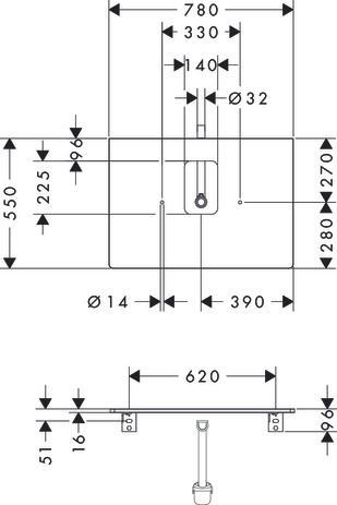 hansgrohe Xelu Q Plan stratifié 780/550 percé au centre pour vasque Xuniva avec trou pour robinet, Noyer foncé