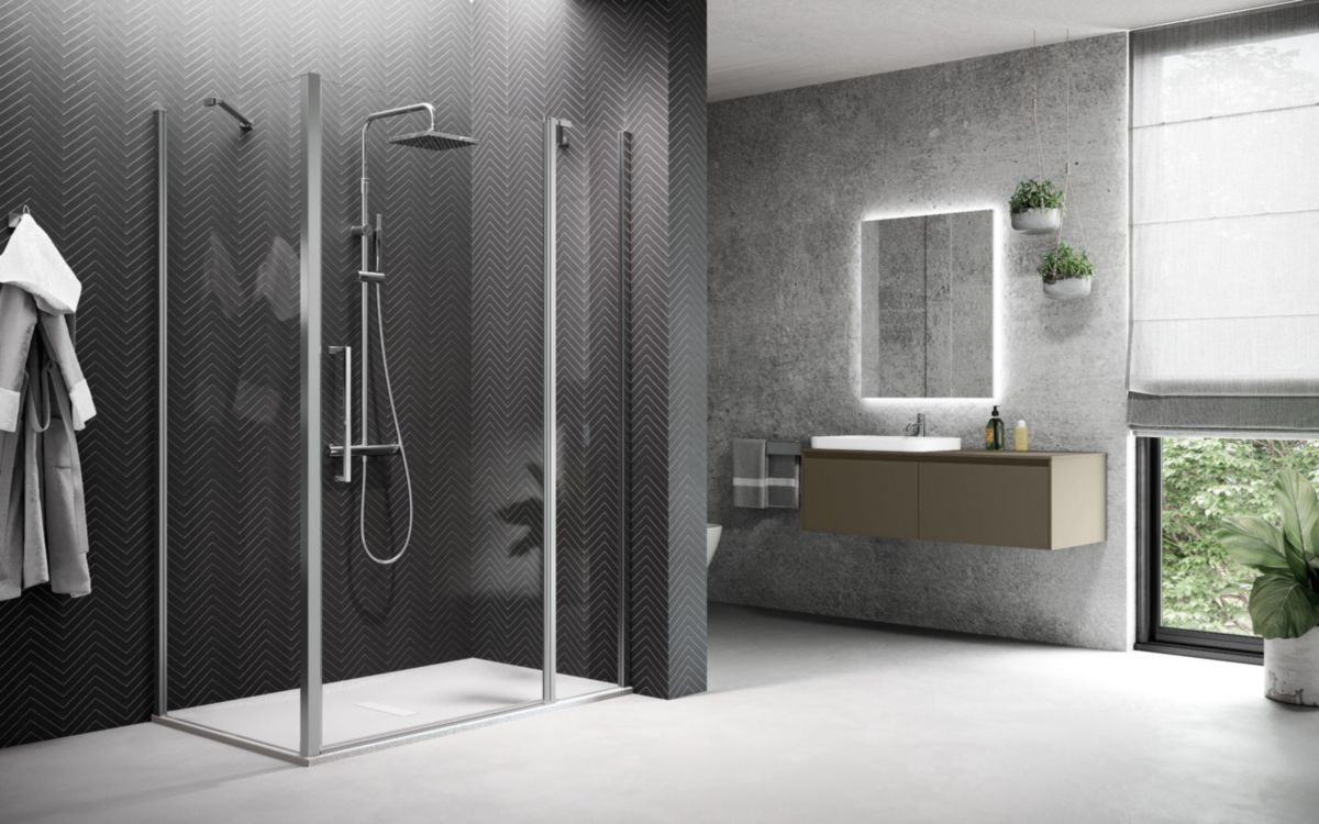 Porte de douche battante avec un fixe en alignement Young 2P 97 extensibilité 97-101Cm verre trempé transparent profilés silver Réf : Y22P97-1B