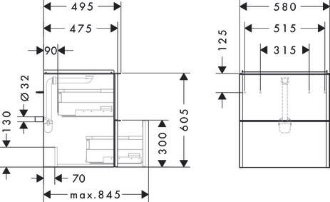 hansgrohe Xelu Q Meuble bas pour plan vasque 580/475 avec 2 tiroirs, caisson Noyer foncé, Finition de la poignée: Blanc mat