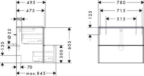 hansgrohe Xelu Q Meuble bas pour plan vasque 780/475 avec 2 tiroirs, caisson Noyer foncé, Finition de la poignée: Noir mat