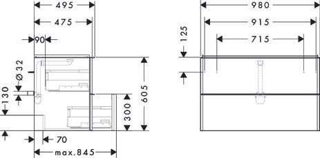 hansgrohe Xelu Q Meuble bas pour plan vasque 980/475 avec 2 tiroirs, caisson Blanc brillant, Finition de la poignée: Noir mat