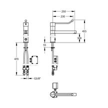 Mitigeur électronique Modul'mix à bec fixe ou orientable. Hauteur sous bec 300 mm. Saillie 250 mm. Commande au coude. Secteur. Flexibles SPEX, EP G3/8'', 650 mm. Brise-jet étoile. Gamme modulaire. Faible contenance en eau.