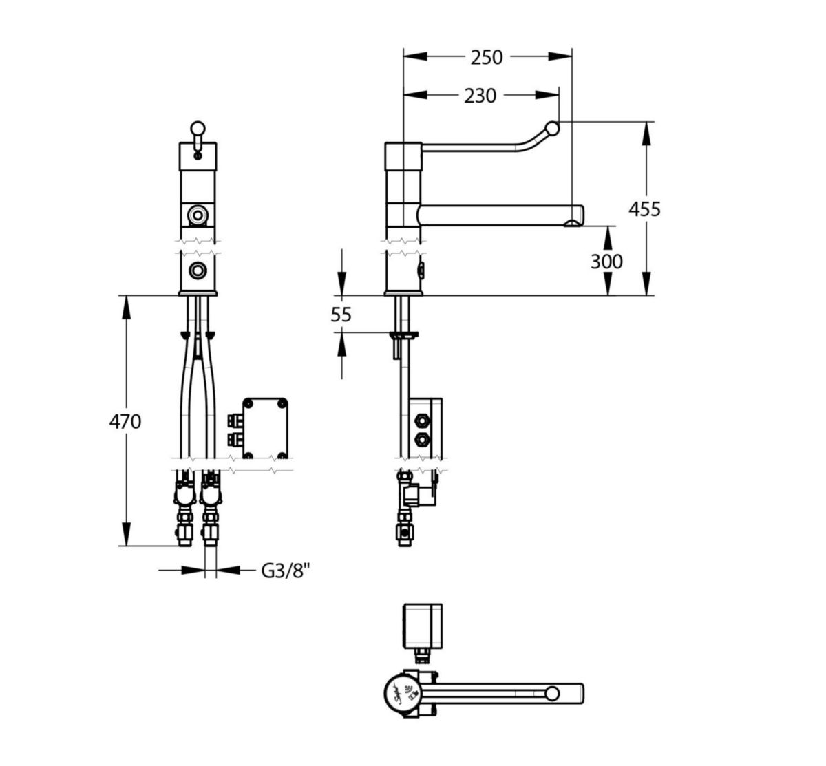 Mitigeur électronique Modul'mix à bec fixe ou orientable. Hauteur sous bec 300 mm. Saillie 250 mm. Commande au coude. Secteur. Flexibles SPEX, EP G3/8'', 650 mm. Brise-jet étoile. Gamme modulaire. Faible contenance en eau.