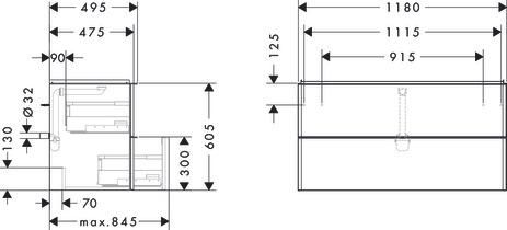 hansgrohe Xelu Q Meuble bas pour plan vasque 1180/475 avec 2 tiroirs, caisson Gris mat, Finition de la poignée: Noir mat