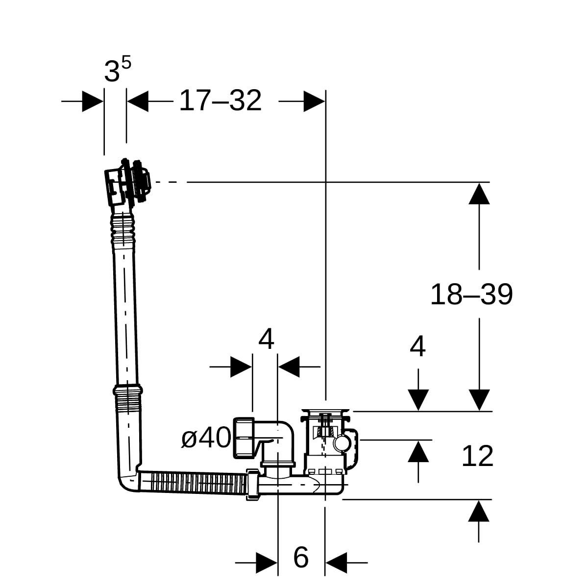 Vidage de baignoire avec actionnement rotatif D52 L230mm avec kit de finition et principe du contre-courant chromé brillant réf 150.616.21.6