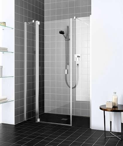 Porte de douche pivotante avec 2 éléments fixes, pivots à droite, RAYA, largeur 1400 mm, hauteur 2000 mm, Profilé Argent POLI, Verre clair traité anticalcaire Réf. RA1AR14020VPR