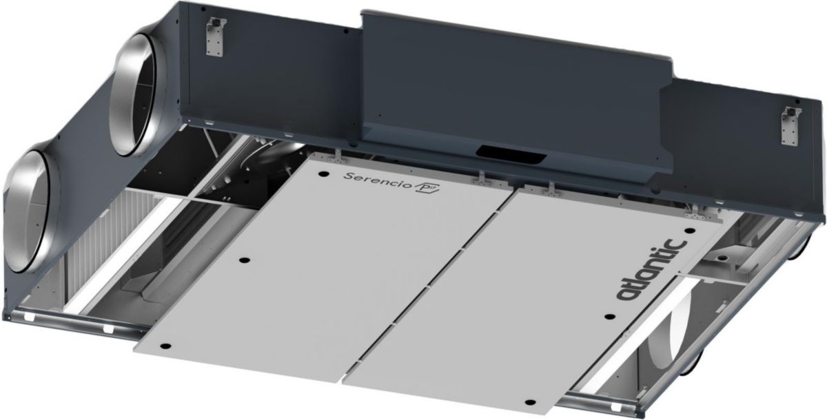 Serencio P LP 500 G1 - Centrale DF HR échangeur contre-courant servitude Gauche 500m3/h - plugfan EC - isol. 30 mm laine minérale - EN 1886 : D2-L2-F9-T3-TB2 - Portes coulissantes et pompe de relevage condensats en standard