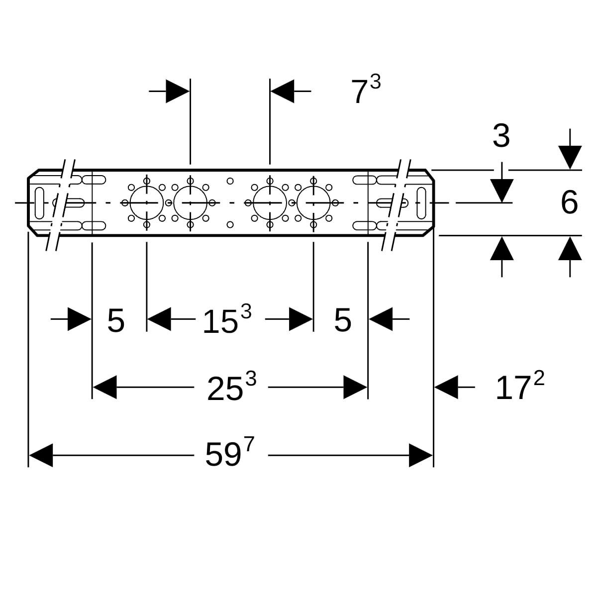 Barrette de montage longue (entraxe de 76,5 et 153 mm) Réf 601.732.00.1