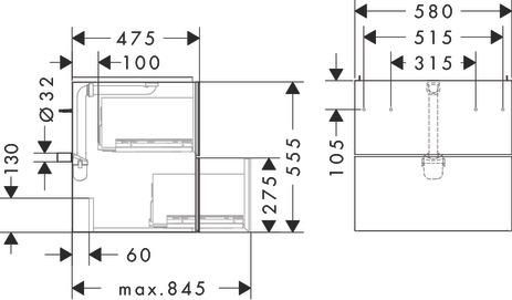 hansgrohe Xevolos E Meuble bas pour plan vasque 580/475 avec 2 tiroirs caisson Blanc mat, Façade: Chêne foncé