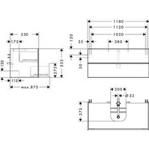 hansgrohe Xevolos E Meuble bas 1180/550 pour lavabo à poser Xevolos E avec 2 tiroirs caisson Gris mat, Façade: Chêne foncé