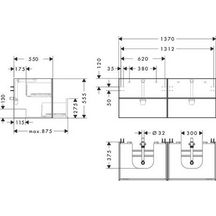 hansgrohe Xevolos E Meuble bas pour double lavabo à poser Xevolos E 1370/550 avec 4 tiroirs caisson Blanc mat, Façade: Bronze texturé