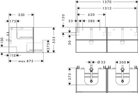 hansgrohe Xevolos E Meuble bas pour double lavabo à poser Xevolos E 1370/550 avec 4 tiroirs caisson Blanc mat, Façade: Bronze texturé