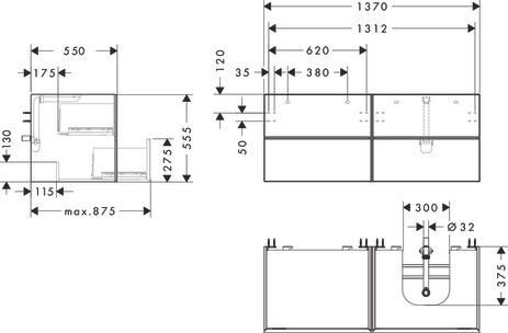 hansgrohe Xevolos E Meuble bas 1370/550 pour lavabo à poser Xevolos E à droite avec 4 tiroirs caisson Beige mat, Façade: Beige métallisé