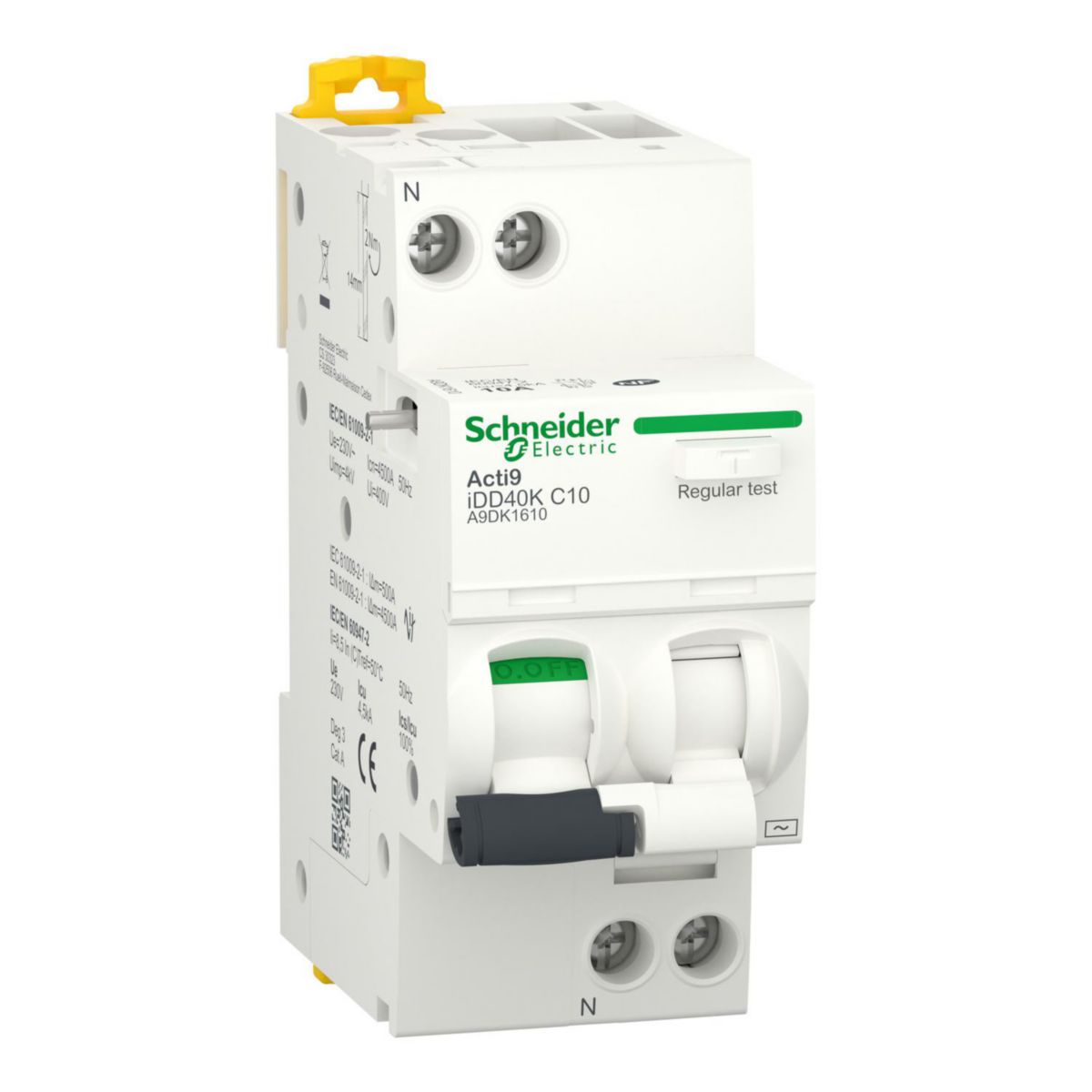 Acti9 iDD40K - disjoncteur différentiel - 1P+N C 10A 4500A/4,5A 30mA type AC NF conformément à IEC 601009-2-1 et pdc 4,5 kA Icu selon à IEC 60947-2 - 230 240 V AC 50 Hz - Rail DIN - largeur 8 pas de 9mm Réf. A9DK1610