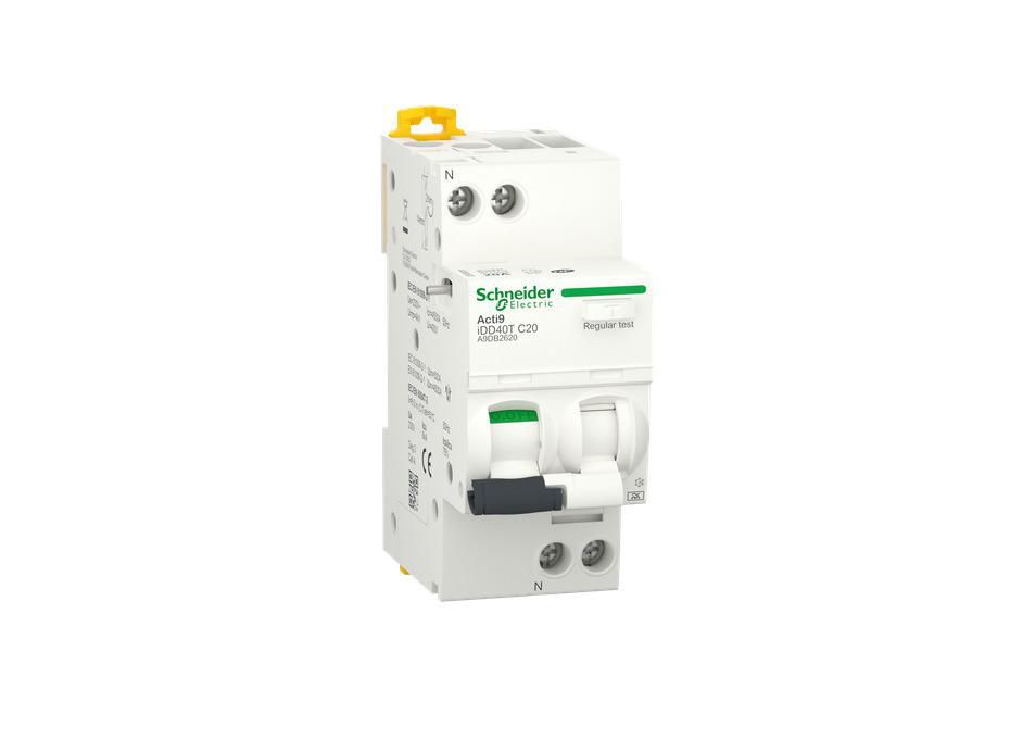 Acti9 iDD40T - disjoncteur différentiel - 1P+N C 20A 4500A/6kA 30mA type A SI NF conformément à IEC 601009-2-1 et pdc 6kA Icu selon à IEC 60947-2 - 230 240 V AC 50 Hz - Rail DIN - largeur 4 pas de 9mm Réf. A9DB2620