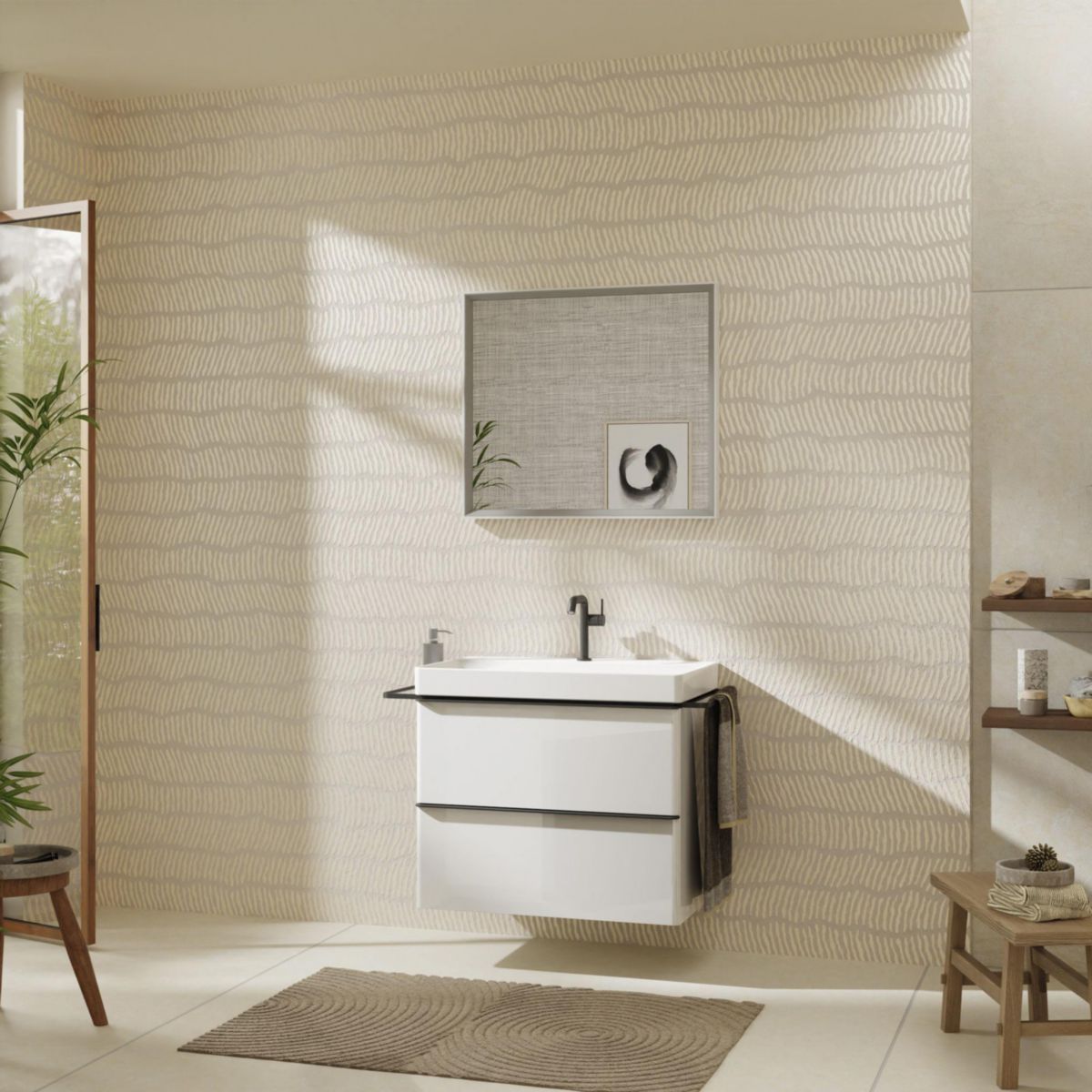 hansgrohe Xelu Q Meuble bas pour plan vasque 780/475 avec 2 tiroirs, caisson Blanc brillant, Finition de la poignée: Noir mat