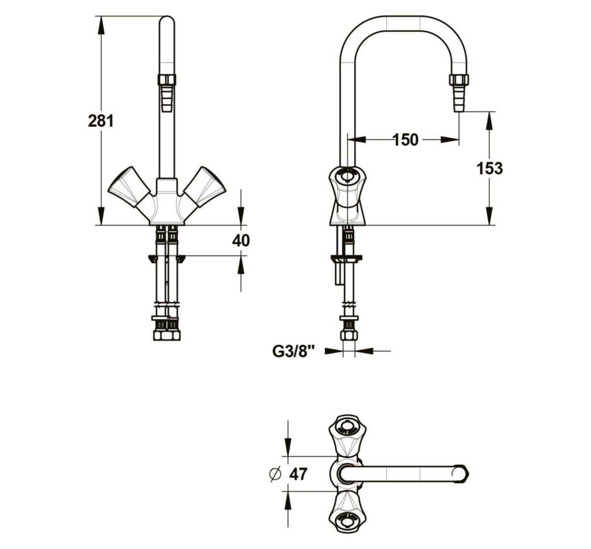 Mélangeur 2 robinets sur table s150 embout démont