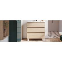 Meuble sous vasque mélaminé Luciole 3 niveaux 3 tiroirs largeur 80 cm finition hickory clair poignée profil blanc satiné pieds en métal laqué blanc satiné réf : 585842-HC-BS-BS