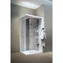 Cabine de douche droite hydromassage avec coiffe + douche zénithale Skill A 120x90 en verre transparent blanc doux bandeaux et siège perla (receveur haut) réf. SKIA299DT5-1UN3