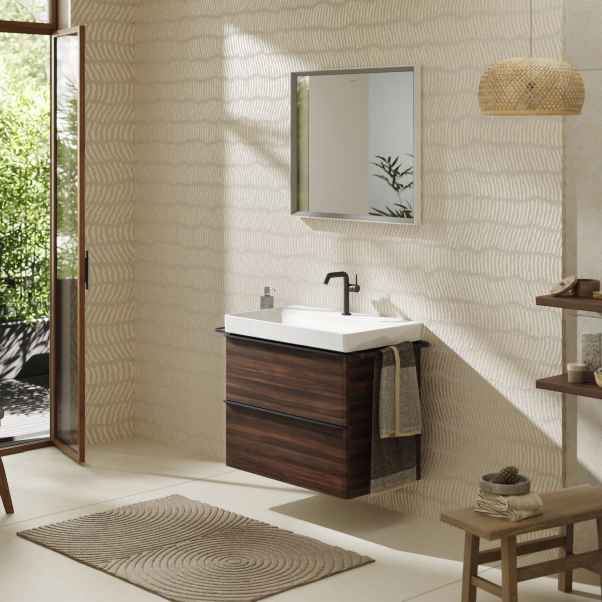 hansgrohe Xelu Q Meuble bas pour plan vasque 780/475 avec 2 tiroirs, caisson Noyer foncé, Finition de la poignée: Noir mat