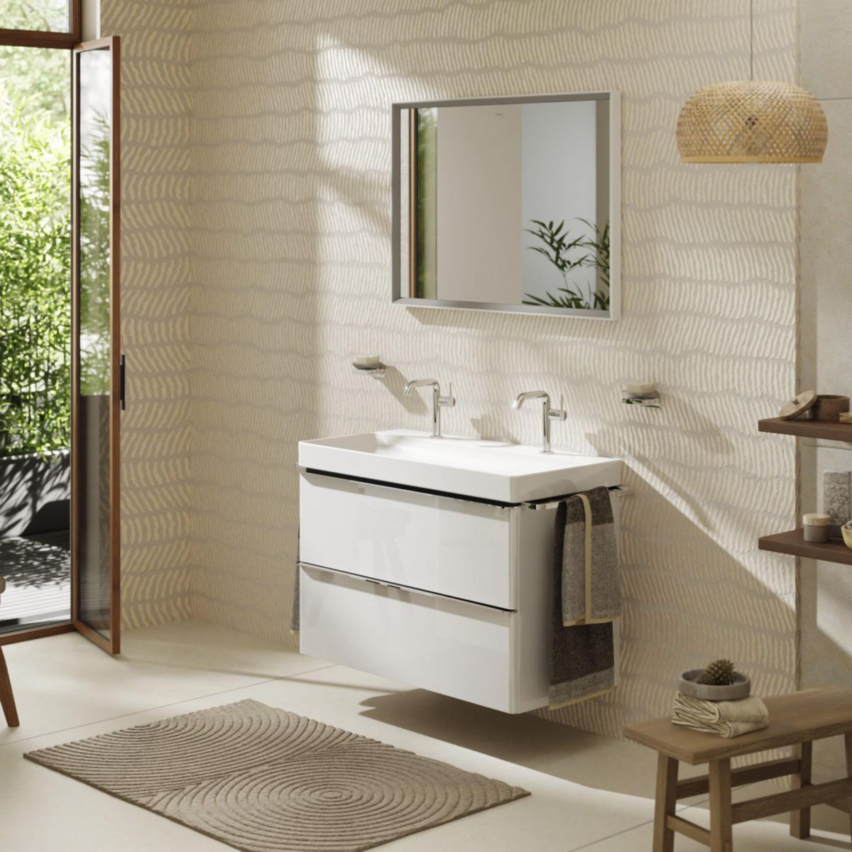 hansgrohe Xelu Q Meuble bas pour plan vasque 980/475 avec 2 tiroirs, caisson Blanc brillant, Finition de la poignée: Chrome