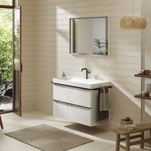 hansgrohe Xelu Q Meuble bas pour plan vasque 980/475 avec 2 tiroirs, caisson Blanc brillant, Finition de la poignée: Noir mat