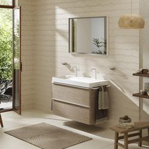 hansgrohe Xelu Q Meuble bas pour plan vasque 980/475 avec 2 tiroirs, caisson Chêne clair naturel, Finition de la poignée: Blanc mat