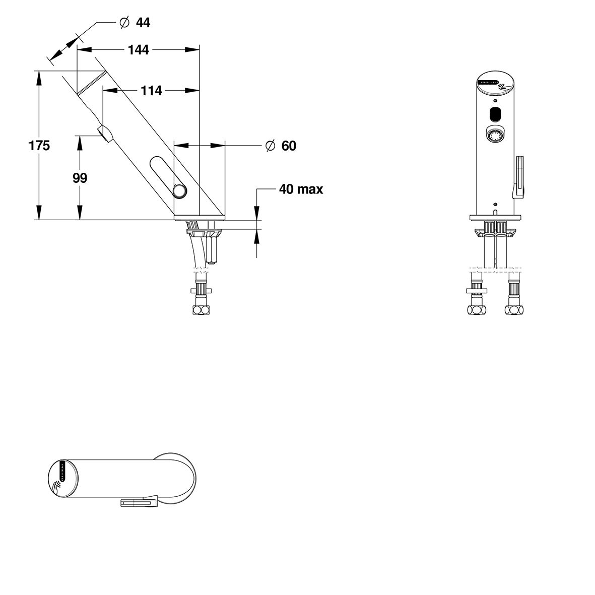 Mitigeur sur plage pour lavabo PRESTO LINEA. Déclenchement électronique sans contact. Débit 1,9l/min. Alimentation pile. Raccordement F3/8". Finition or brossé. réf. 57214OB