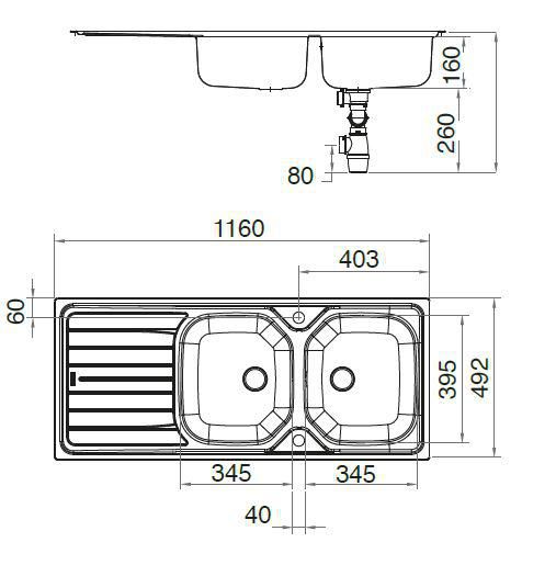 Evier inox REN 611-86 - 90x102 - 860x500mm - Réversible avec vidage manuel réf. 897659