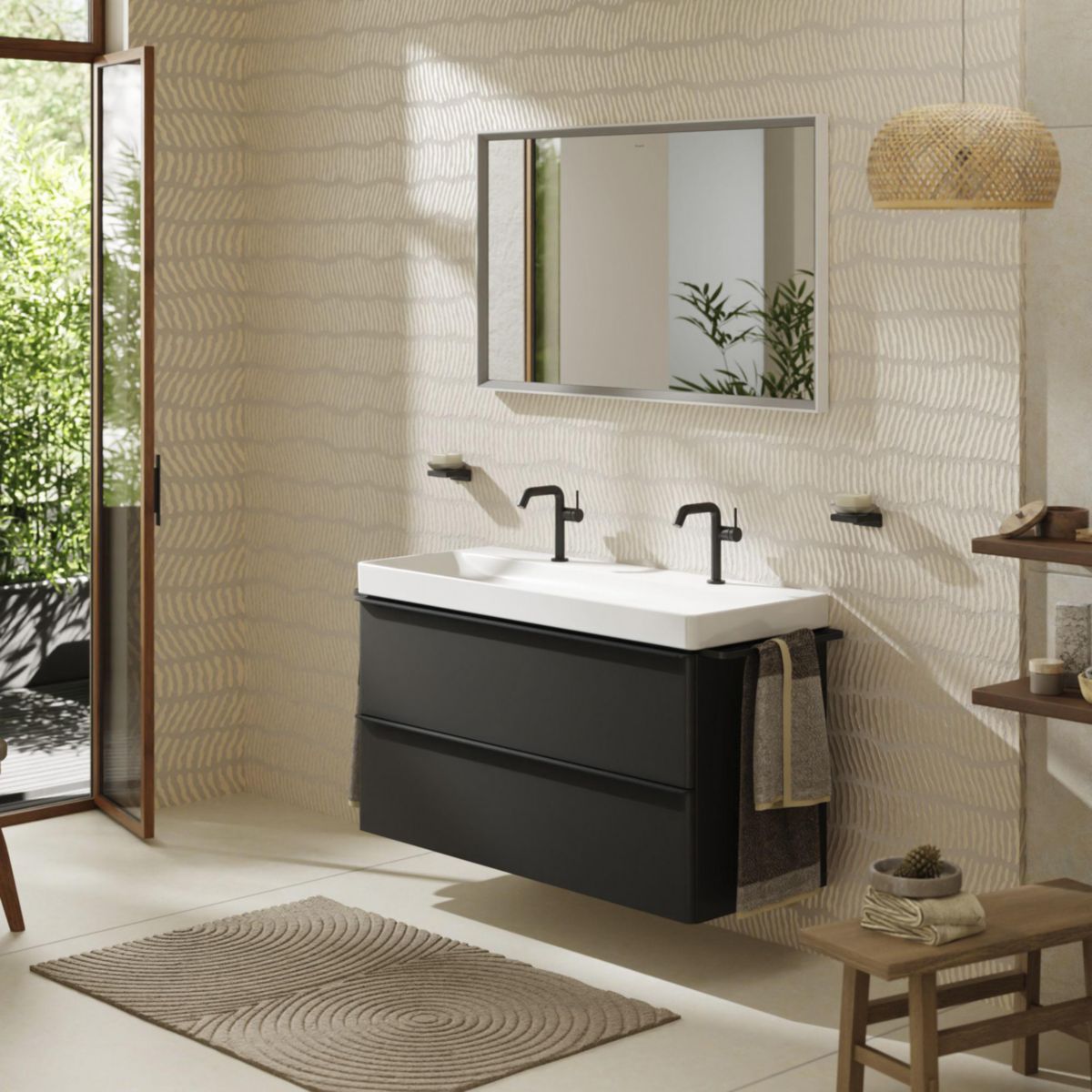 hansgrohe Xelu Q Meuble bas pour plan vasque 1180/475 avec 2 tiroirs, caisson Gris mat, Finition de la poignée: Noir mat