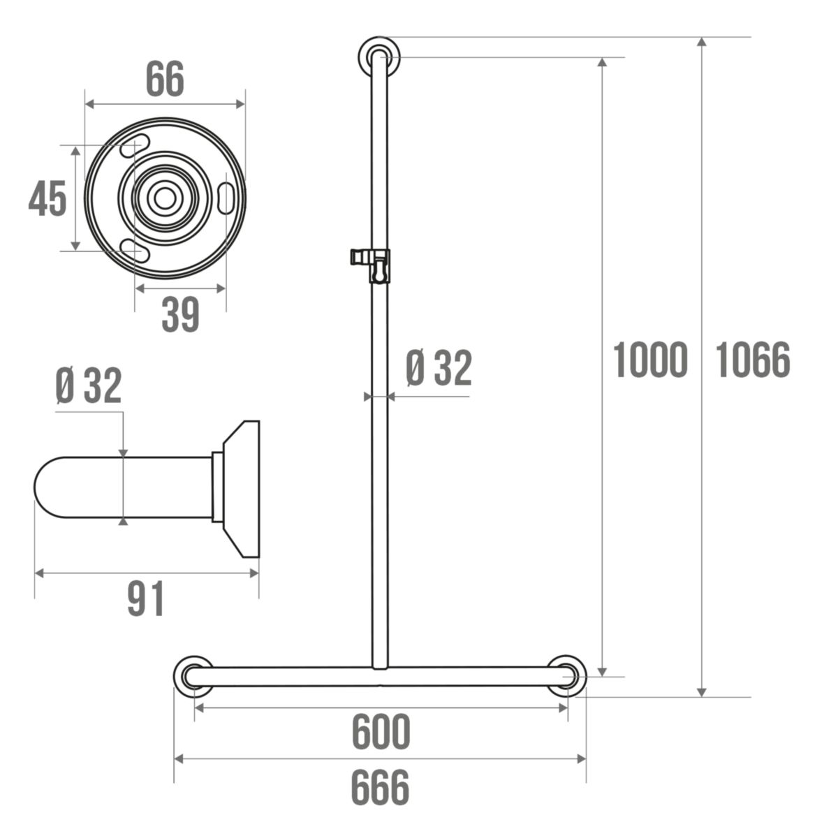 Barre de douche en T, Laiton chromé D 32 mm réf. 381537