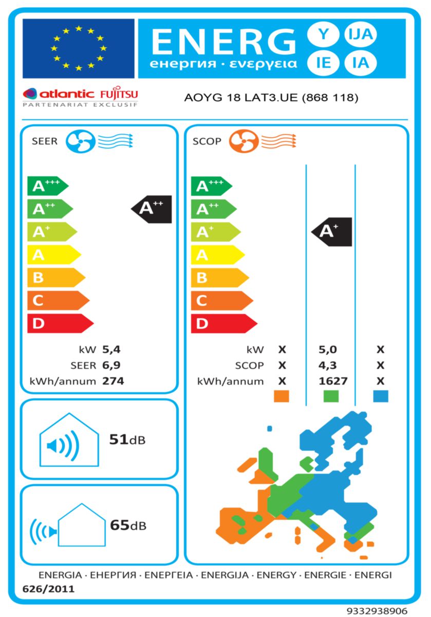 Unité extérieure Multi-Split 3 sorties 5,4 - 6,8 KW classe énergétique A++/A+ AOYG18 LAT3UE / réf. 868118