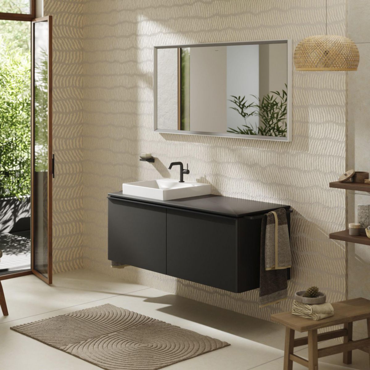 hansgrohe Xelu Q Meuble bas 1360/550 pour lavabo à poser Xelu Q avec 2 tiroirs, caisson Gris mat, Finition de la poignée: Noir mat