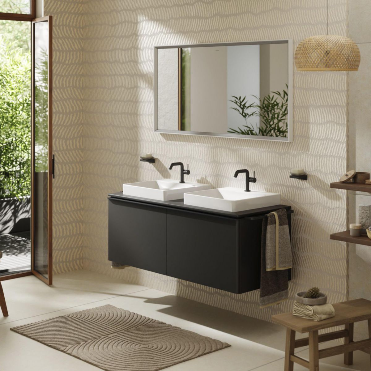 hansgrohe Xelu Q Meuble bas 1360/550 pour lavabo à poser Xelu Q avec 2 tiroirs, caisson Gris mat, Finition de la poignée: Noir mat