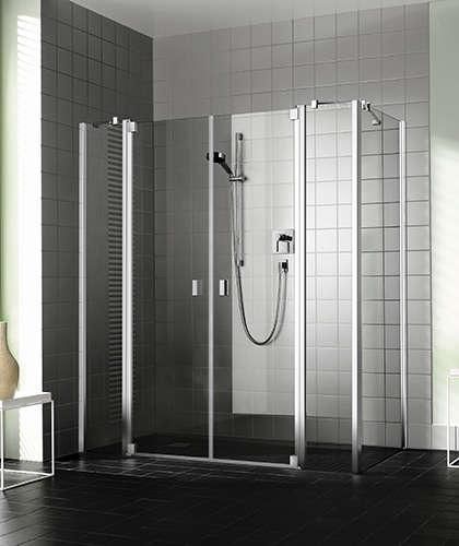 Porte de douche à 2 battants avec 2 éléments fixes, RAYA, largeur 1230 mm, hauteur 2000 mm, Profilé Argent POLI, Verre clair traité anticalcaire Réf. RAPTF12320VPR