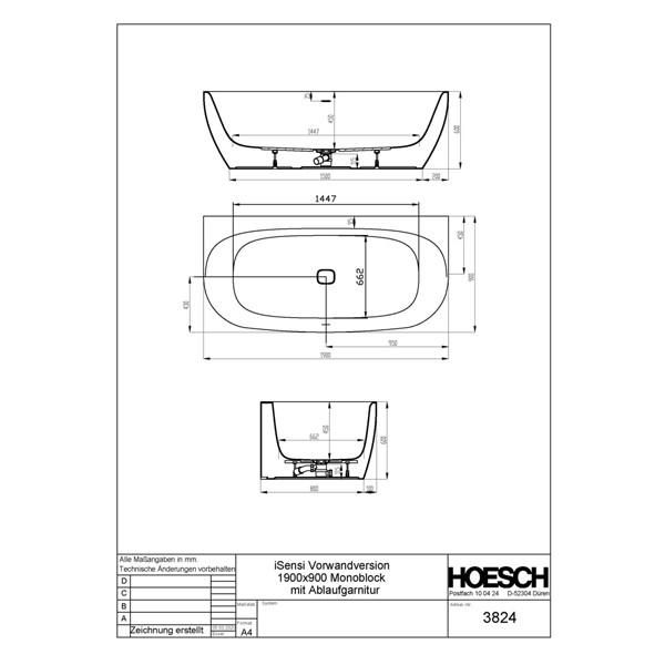 Baignoire Isensi murale 190x90 monobloc avec tablier Réf. 3824.010