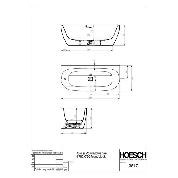 Baignoire Isensi monobloc milieu de mur 170x75 remplissage par trop plein blanc Réf. 3818.010