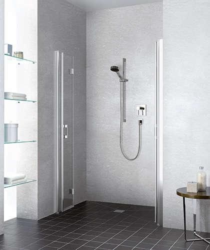 Porte de douche pivotante repliable 4 éléments, Série LIGA, largeur 1300 mm, hauteur 2000 mm, profilé argent mat, Verre clair Réf. LI2T4130201AR